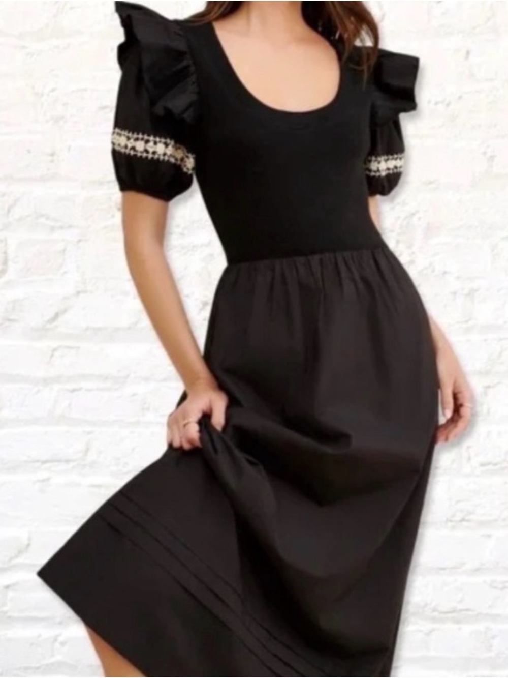 Cleobella Selma Black Midi Dress Puff Sleeve Embroidered Boho Cotton Size S